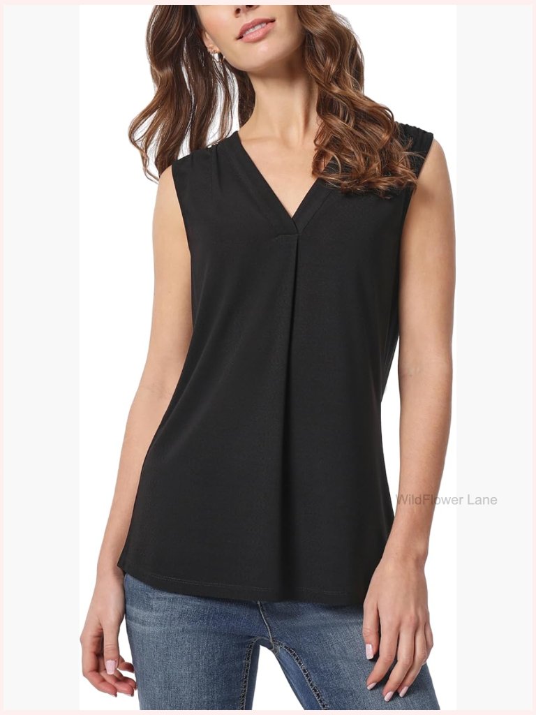 Sleeveless Pleat-Neck Jersey Top - Solid V-Neck Pullover